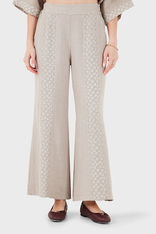 Via Dante % 100 Keten Relaxed Fit Brode İşlemeli Pantolon Bayan Pantolon 69912211 Vizon