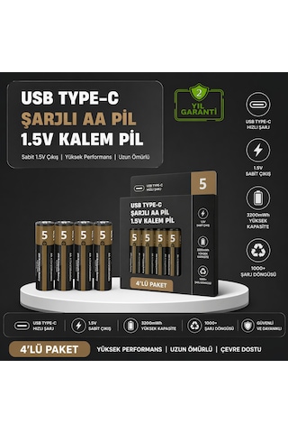 Usb Type-c Şarjlı Aa Lityum Pil 1.5v Sabit Çıkış 3200mwh 4 Lü Paket