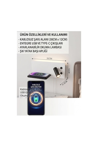 Çok Fonksiyonlu Yatak Başı Led Aplik Ve Duvar Lambası: Kablosuz Şarjlı, Ayarlanabilir Okuma Lambası, Usb Ve Type-c , Modern Beyaz