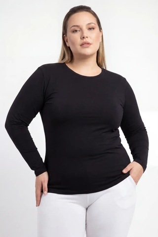 Hadpols Premium Düz Renk Tekstil Stil Kadın Büyük Beden Bisiklet Yaka Uzun Kollu Body siyah