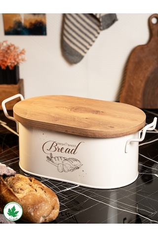 Lin Metal Ahşap Kapaklı Tel Kulplu Metal Ekmeklik - Krem