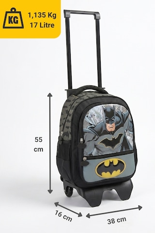 Batman Lisanslı Erkek Çocuk Okul Çantası - Üç Bölmeli Çıkarılabilir Çekçekli Sırt Çantası - Siyah/gri 2026