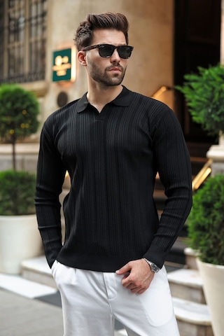 Madmext Siyah Polo Yaka Desenli Over Fit Erkek Triko Kazak E7517