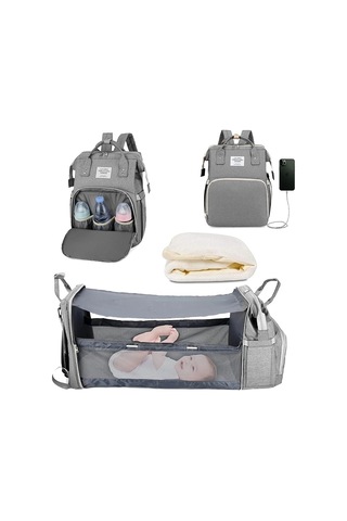 Jialan 3 In 1 Bebek Bezi Çantası Sırt Çantası Katlanabilir Bebek Gri