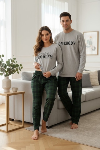 Bella Notte Erkek Yeşil Ekoseli Baskılı Sevgililer Günü Çift Pijama Takımı