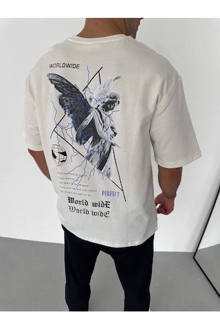 Barlashive Erkek Yazlık Baskılı Tişört Bisiklet Yaka Kısa Kol Regular Fit T-shirt - Beyaz Çok Renkli