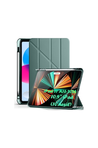 İpad Uyumlu 11 A16 2025 Kılıf Yumuşak Üçgen Standlı Kalem Bölmeli Akıllı Uyku Modlu A3354
