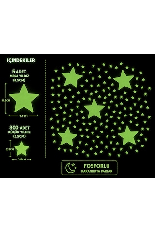 Merty Avm Fosforlu Yıldız Sticker Seti 305 Parça Mega Set Karanlıkta Parlayan Yıldızlar Çocuk Odası Süsü 01