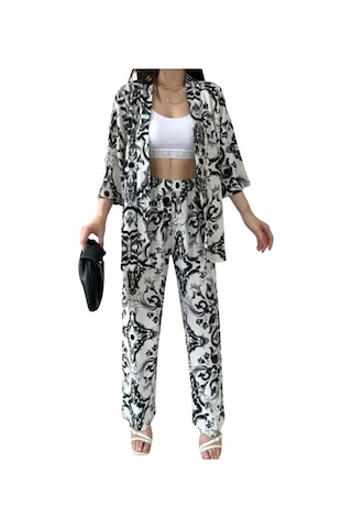 Alt Üst Takım Kimono- Desenli Beyaz