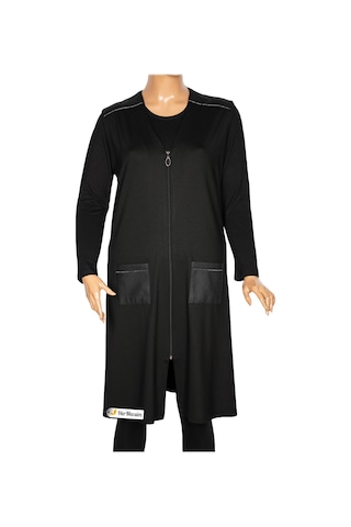 Hesna Kadın Bengü Büyük Beden Fermuarlı Cepli Penye Siyah Yelek Siyah