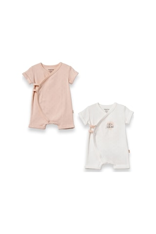 Babycosy Organic Wear %100 Organik Pamuk,2'li Kruvaze Kısa Kollu Bebek Tulum Little Princess Yazlık Kız Bebek Tulum Ekru