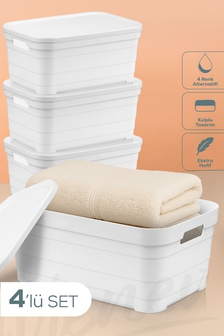 Vienev 4'lü Kapaklı 10,8 Litre Saklama Kutusu Beyaz Beyaz