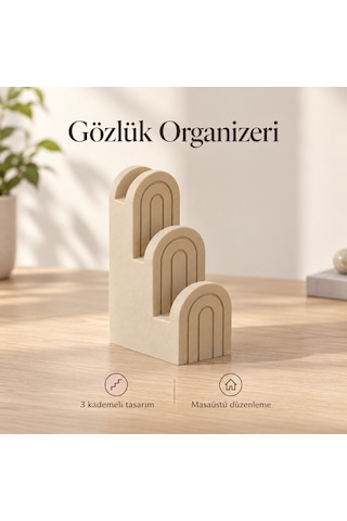 Gözlük Organizeri 3 Bölmeli Masaüstü Gözlük Standı Dekoratif Gözlük Tutucu Bej