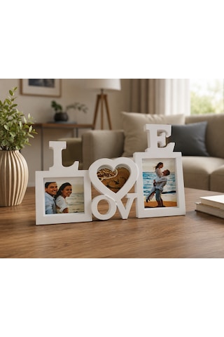 Love Ahşap Fotoğraf Çerçevesi 3 Fotoğraflı Dekoratif Masaüstü Çerçeve Kişiye Özel Hediye Beyaz