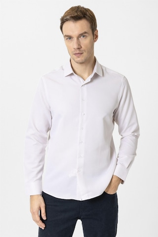 Süvari Bej Slim Fit Armürlü Klasik Yaka Gömlek