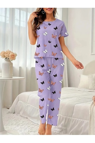 Supplierby Kadın Kısa Kollu Bisiklet Yaka Kelebek Baskılı Süprem Ikili Takım Mor