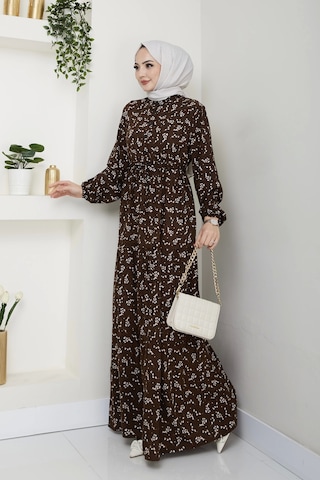 Yaprak Desenli Bağlamalı Viskon Elbise - Kahverengi / E0125 Kahverengi
