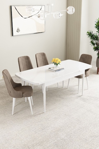 Clara Beyaz 80x132 Açılabilir Mdf Masa Yemek Odası Takımı,mutfak Takımı 4 Adet Sandalye Cappucino