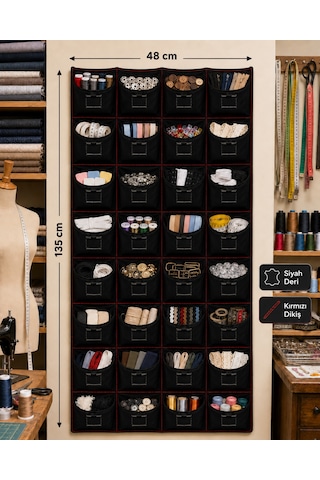 Tekstil Duvar Tipi Çok Amaçlı Organizer Avadanlık Çantası 32 Gözlü Siyah Deri Kırmızı Dikişli 135x48 Cm