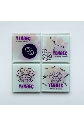 Cam Bardak Altlığı Burçlar - Yengeç Burcu 4'lü Takım Beyaz