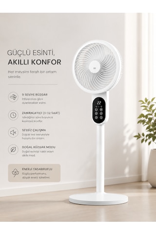 Modern Minimal Tasarım 360 Döner Başlıklı Hava Sirkülasyonlu Sessiz Ayaklı Vantilatör Kumandalı Uzaktan Kontrollü