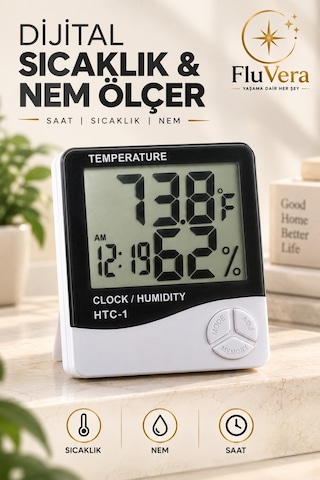 Dijital Termometre Nem Ölçer Saatli Higrometre Sıcaklık Ölçer Lcd Ekran