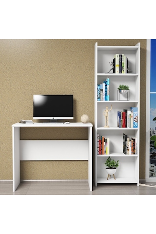 Ferniso Mobilya Çalışma Masası + 5 Bölmeli Kitaplık Beyaz