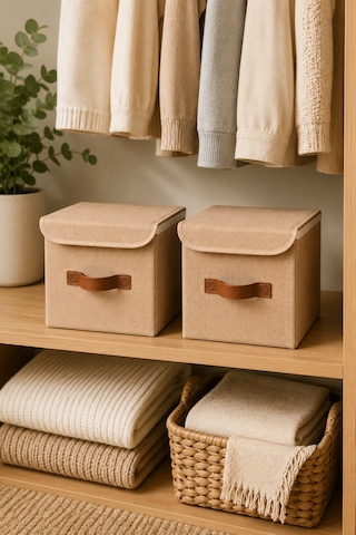 2li Kapaklı Jüt Organizer Kutu Seti 20x20x20 Cm Katlanabilir Düzenleme Kutusu Organizer Seti Dolap, Raf Ve Banyo Düzeni İçin Doğal