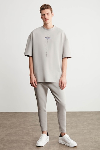 Grimelange Project Erkek Baskı Detaylı Oversize Fit %100 Organik Pamuk Örme Bisiklet Yaka Örme Gri T-shirt