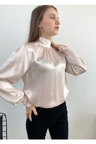 Mois Atelier Pudra Saten Bluz, Tasarım, Hediye, Büyük Beden, Tesettür Pudra