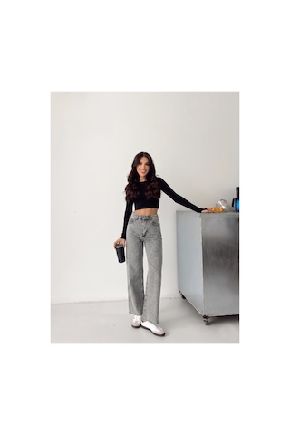Kene Jeans Gri Kar Paça Kesik Ön Arka Taşlı Bol Paça Kot/denim Pantolon Gri Kar