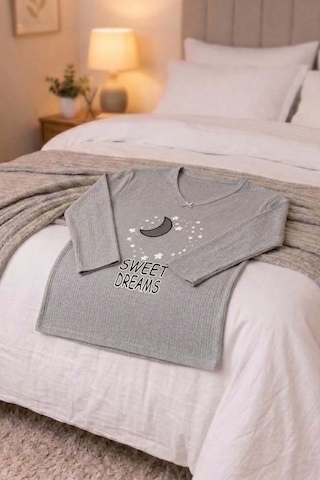 Büyük Beden Kadın Baskılı Kaşkorse Pijama Takımı Açık Gri
