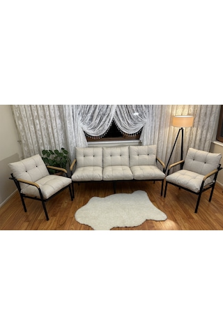 Modern Style Home Modern Levent Balkon, Bahçe, Cafe - Metal Kanepe Koltuk Takımı - 3+1+1 Krem Modernk036 Krem