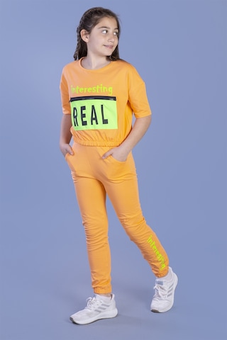 Toontoy Kız Çocuk Crop Model Cep Detaylı Baskılı Eşofman Takımı Turuncu