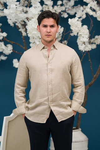Paul Martin Regular Fit Gizli Düğmeli Yaka Linen Ham Keten Gömlek Krem
