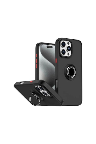 Apple iPhone 16 Pro Uyumlu Kılıf Yüzüklü Standlı Extra Darbe Koruma Sert Silikon Kapak - Siyah