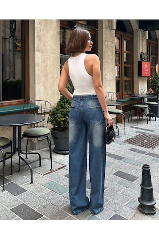 Kene Jeans Kadın Mavi İşlemli Çift Köprülü Bol Paça Kot Pantolon Mavi