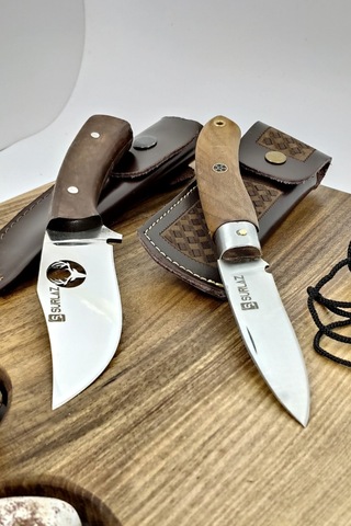 2'li Outdoor Deer Çakı Bıçak Kamp Bıçağı Deri Kılıflı Kahverengi