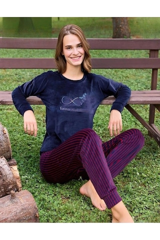 Pijamoni Kadın Kışlık Bisiklet Yaka Likralı Kadife Pijama Takımı 4210/3- 1 Adet 001