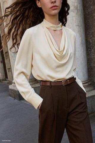 Sateen Degaje Yaka Bluz - Bej-137832