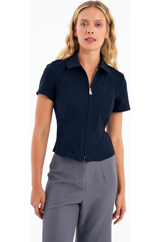 Stella Pulvis Lacivert Fermuarlı Slim Fit Kuplu Bluz