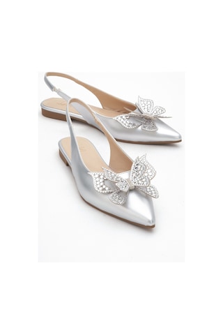 Luvishoes Luvi Shoes Orıol Gümüş Cilt Kelebek Taşlı Sivri Burun Arkası Açık Kadın Babet Ayakkabı Gümüş
