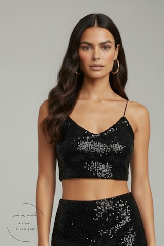 Sermoda Pullu Bluz - Pul Payetli Lastik Askılı Crop Bluz Siyah