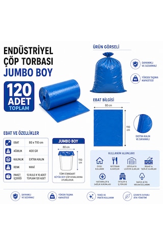 Endüstriyel Çöp Torbası Jumbo Boy 80x110 Cm 400 Gr 12 Rulo 120 Adet Mavi Çöp Poşeti
