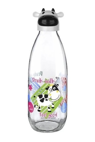 İnek Tasarımlı Sevimli Cam Suluk - Süt Şişesi 1000 Ml Çok Renkli