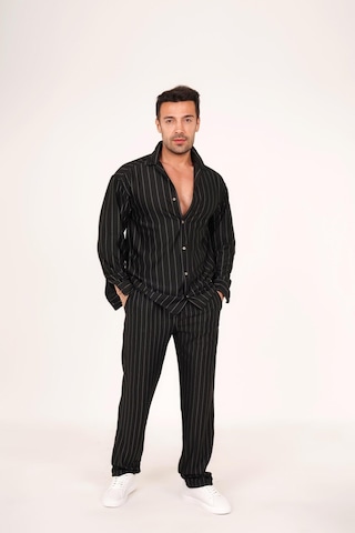 Alaçatı Stili Erkek Krep Kumaş Çizgili Gömlek Ve Pantolon Takım Siyah