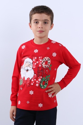 Çocuk Yılbaşı Sweat Noel Baba Ve Kar Tanesi Baskılı Ribanalı E29 Kırmızı