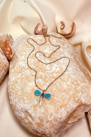 Yusufcuk Tasarım Mavi Taşlı Gold Altın Renk Paslanmaz Çelik Kadın Zincir Kolye