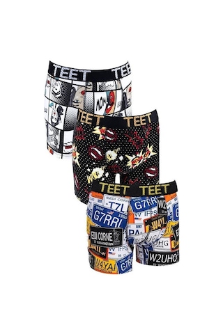 Teet 3'lü Erkek Boxer Seti Hediyelik Şık Ve Rahat Desenli İç Gi Siyah