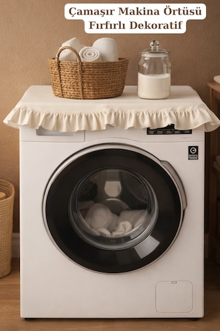 Vintage Fırfırlı Çamaşır Makinesi Örtüsü - Çeyizlik Pamuklu Dekoratif Banyo Makine Kılıfı Bej
